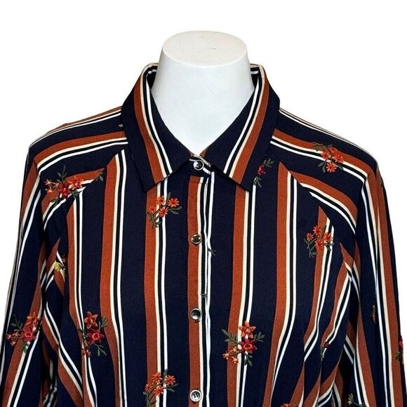 Miss Me NWT multi brown and navy striped long sleeve tunic blouse size L - Picture 5 of 16